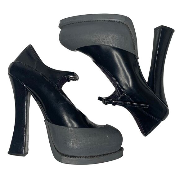 Prada Mary Jane Runway 2012 Black Leather Grey Rubber Cap Toe Heels EU 37.5 Pump - Picture 7 of 10